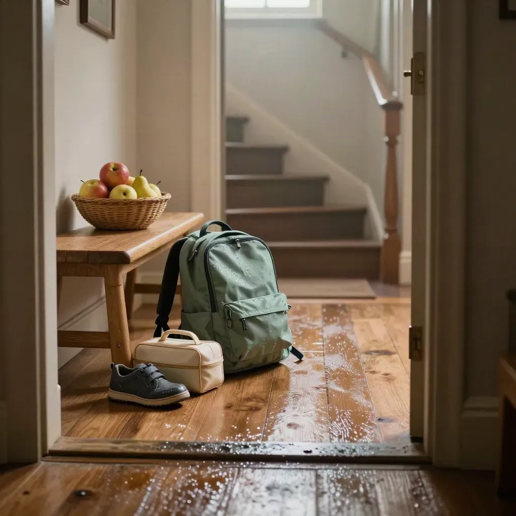 Morgendiele mit Schulranzen, Brotdose, Regenjacke, Kinderschuhen und Obstschale im Morgenlicht