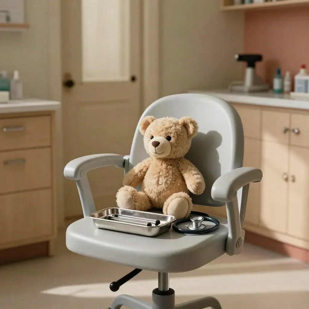 Kinderarztzimmer mit Stuhl, Stoffbär und Instrumententablett im Morgenlicht