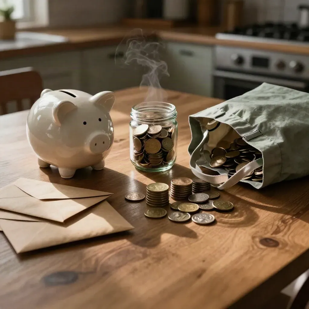 Küchentisch mit Sparschwein, Münzglas, Umschlägen und Einkaufstasche im Abendlicht.