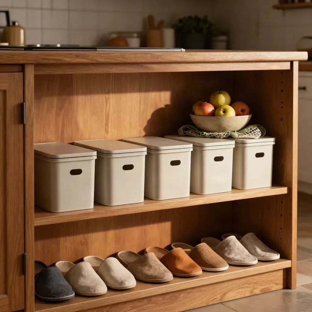 Küchennische mit sieben Boxen, Obstschale, Einkaufsnetz und sortierten Hausschuhen im warmen Licht.