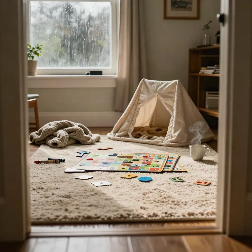 Teppich mit Brettspielteilen, Buntstiften und Deckenfort am regennassen Fensterlicht.