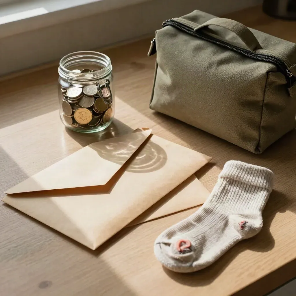 Kita-Finanzablage mit Umschlägen, Münzglas, Lunchbag und Socken auf heller Küchenfläche.