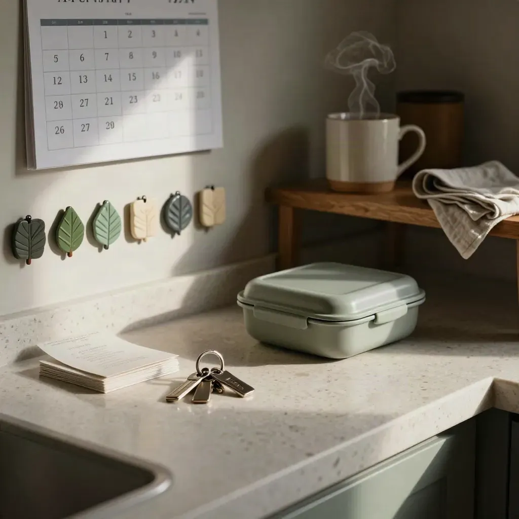 Küchenplanungs-Ecke mit Kalender, Schlüsseln, Brotdose und Einladungen im Morgenlicht