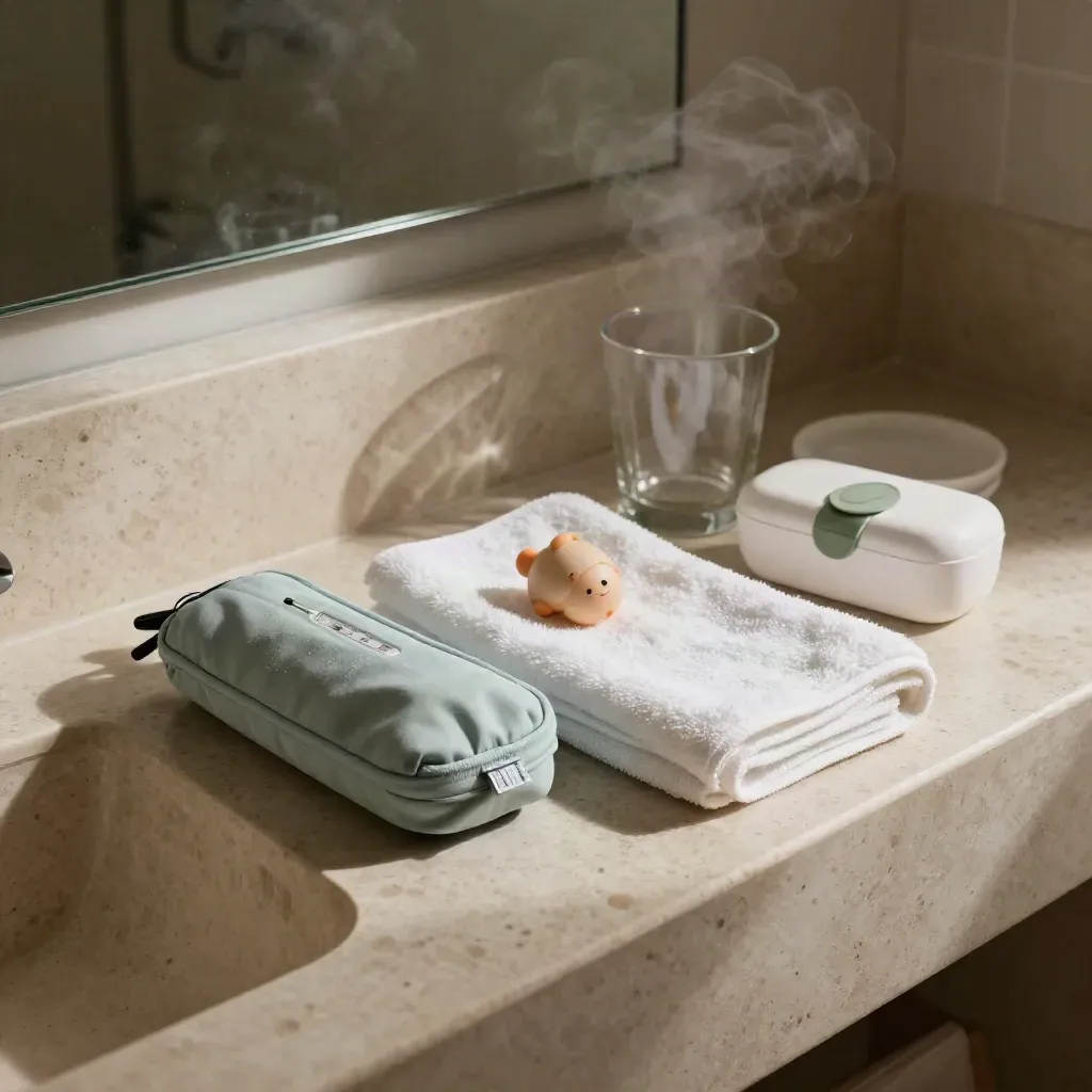 Badezimmerablage mit Kinder-Gesundheitskit, Thermometeretui, Tuch und Medikamentenbox im Morgenlicht