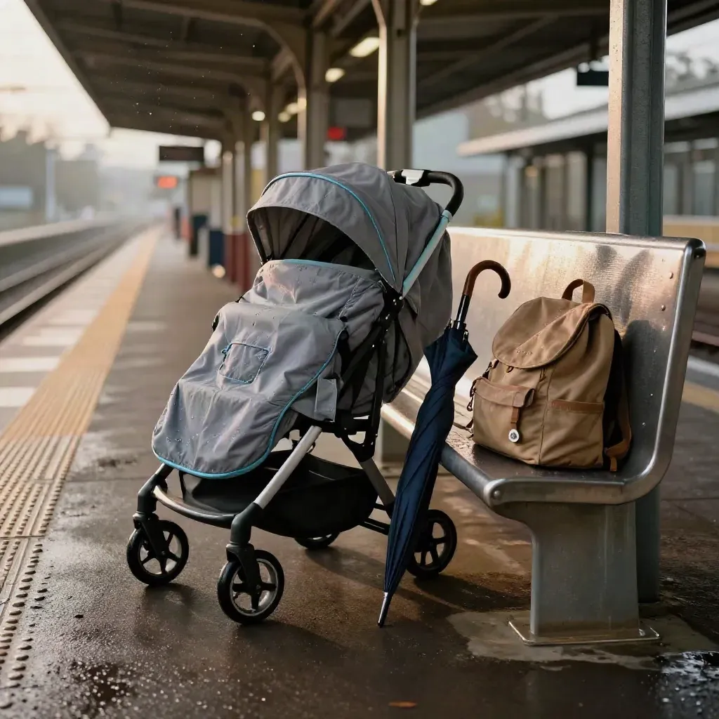 Wartebereich am Bahnsteig mit Kinderwagenabdeckung, Schirm, Rucksack und nasser Bank im Nieselregen.