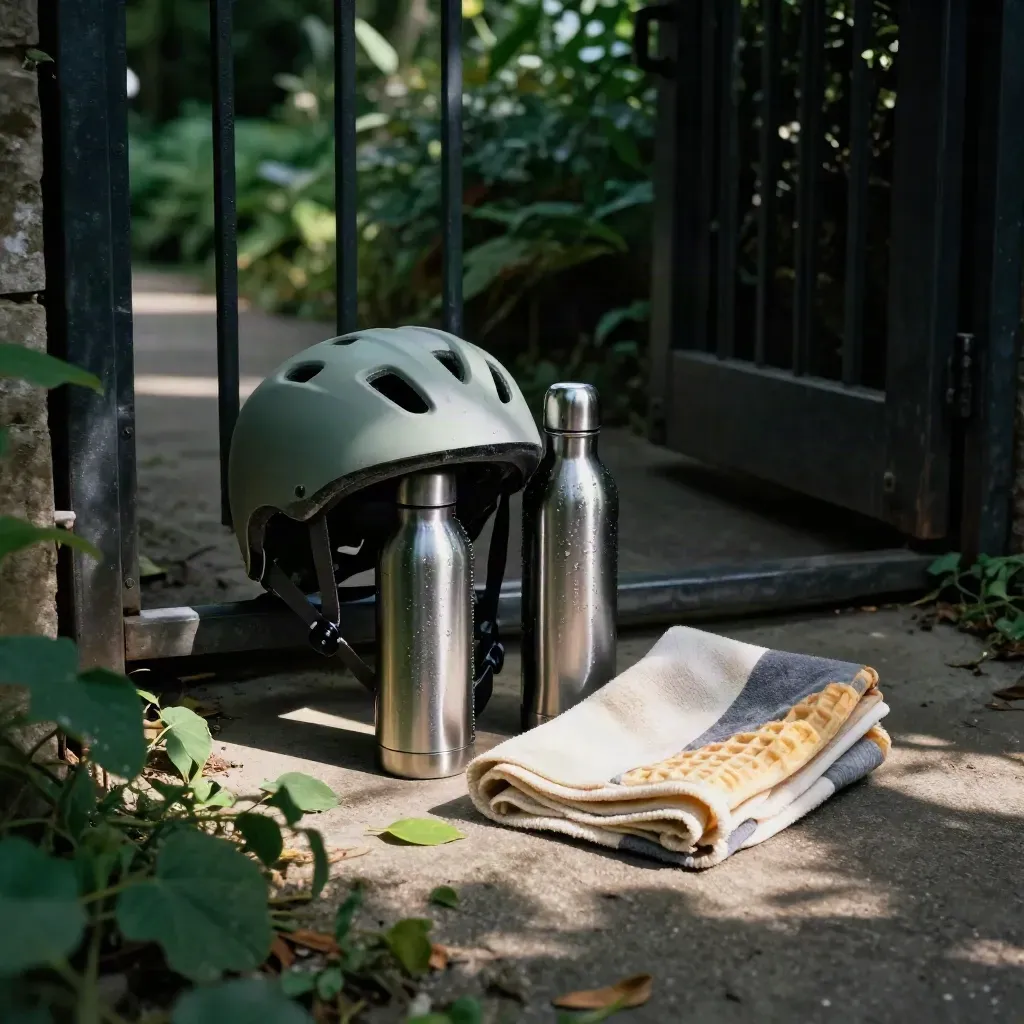 Picknick-Set mit Fahrradhelm, Trinkflasche und Decke am botanischen Tor
